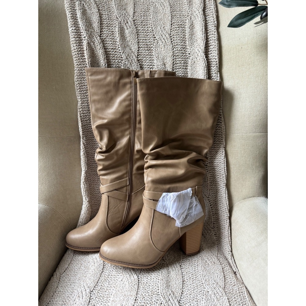 ZBY Womens Tan Faux Leather Slouchy Block Heel Mid-Calf Boots Size 9.5